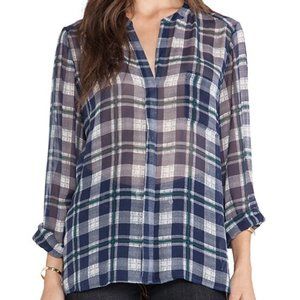 Joie Sheer Nura Blouse in Dark Navy Plaid